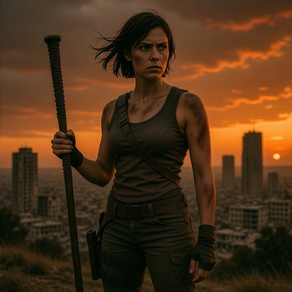 A resilient female survivor with wind-swept short hair and a determined gaze. She wears patched-up leather gear and tactical equipment, holding a modified staff. She stands on a hill overlooking the ruins of a city at dusk, against a dramatic orange sky. Cinematic, post-apocalyptic style, realism, atmospheric lighting, wide-angle shot.