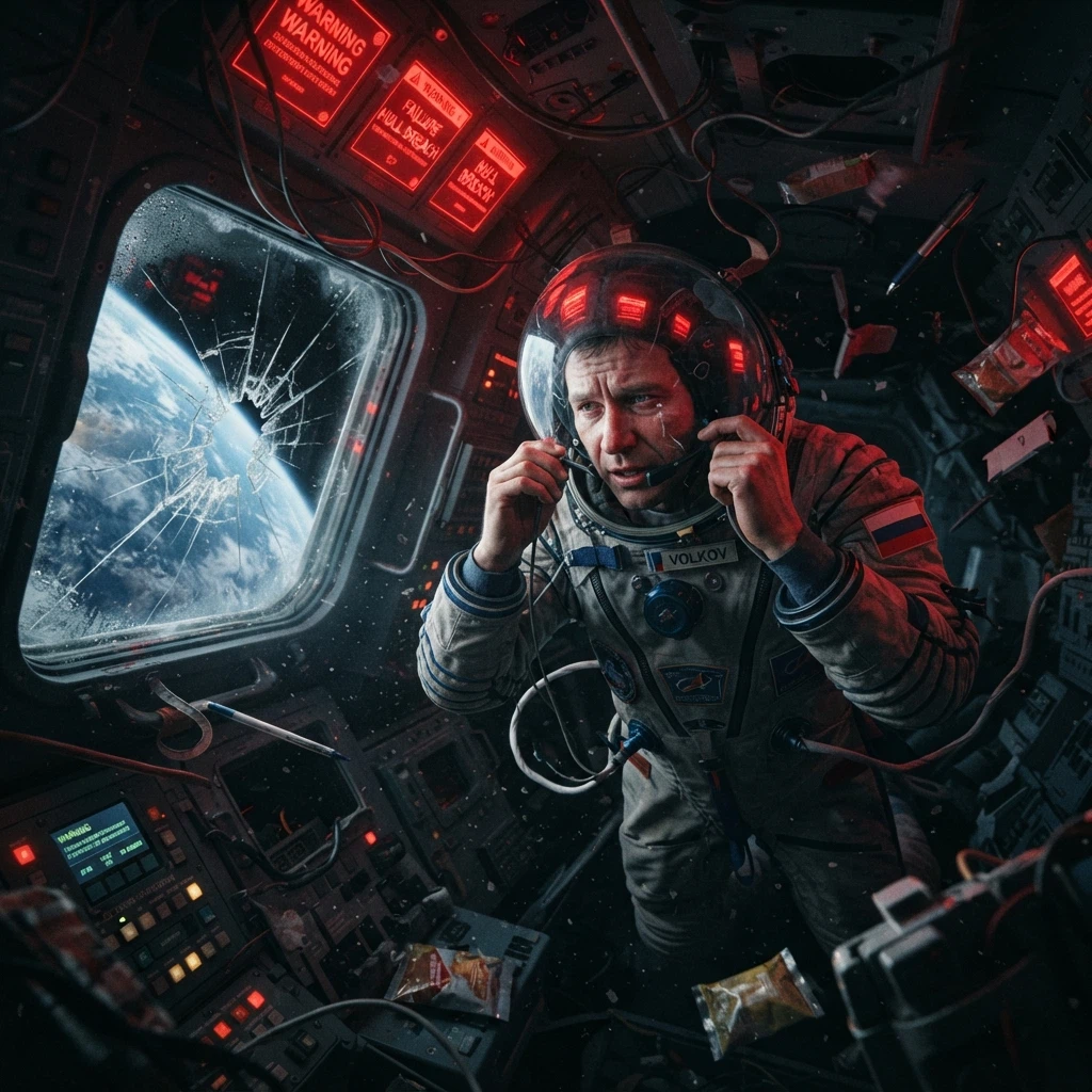A foreign astronaut floating inside a damaged spacecraft cabin, red emergency lights flashing, Earth visible through a cracked window, loose objects drifting around him, microphone near his mouth, helmet visor reflecting warning screens, claustrophobic sci-fi composition, emotional final-message storytelling, cinematic realism