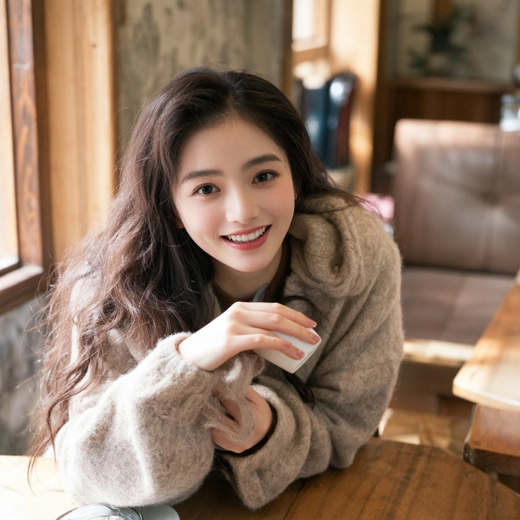 (masterpiece, best quality, ultra-detailed, photo-realistic:1.2), 1girl, a beautiful korean woman, long wavy brown hair, soft smile, looking at viewer, wearing a cozy beige sweater, sitting at a wooden table in a sunlit cafe, holding a coffee cup, detailed eyes, beautiful detailed face, soft lighting, depth of field, bokeh, window light