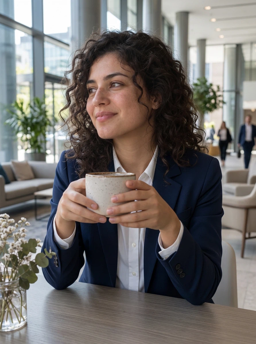 Change her outfit to a tailored navy blazer over a white shirt and move her to a bright modern office lobby. Keep her face, hair and pose unchanged.