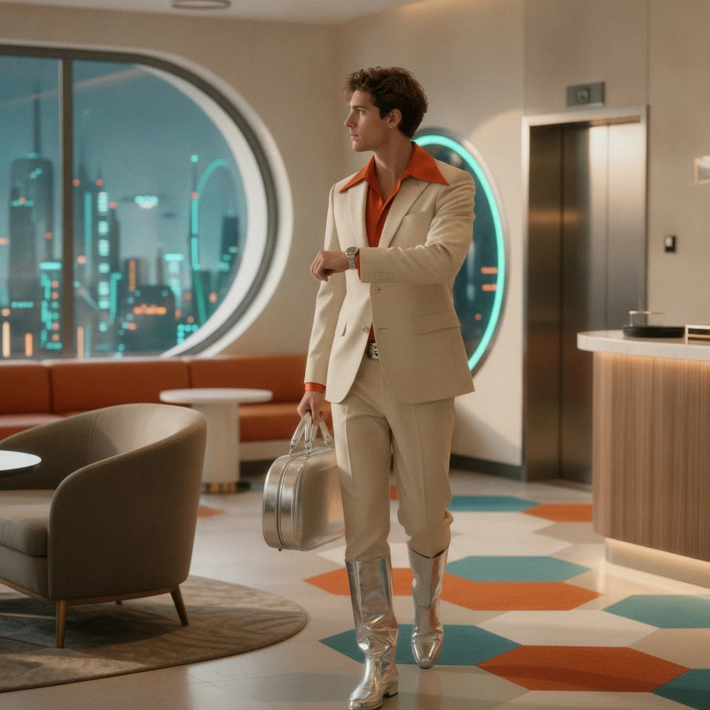 Transform the entire video into a bold 1970s retro-futurist luxury world while preserving the man’s identity, facial features, walking motion, timing, and original camera movement.
Replace the modern hotel lobby with a glamorous space-age lounge featuring curved white architecture, glossy orange furniture, chrome surfaces, circular doorways, geometric carpets, and large panoramic windows overlooking a stylized futuristic city.
Change his dark suit into a cream-colored retro-futurist tailored suit with a burnt-orange shirt, wide collar, polished boots, and subtle metallic accessories. Transform the travel bag into a sleek rounded silver case with vintage space-age styling.
Keep his original actions unchanged: walking through the lobby, checking his wristwatch, stopping, and looking toward the elevators.
Use a bold orange, cream, teal, and chrome color palette, soft film grain, glossy reflections, symmetrical compositions, warm cinematic lighting, sophisticated 1970s science-fiction fashion editorial aesthetic.