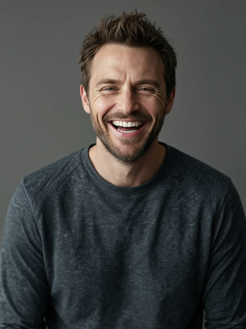 A man with short messy brown hair and a beard, wearing a dark gray
long-sleeve shirt, bright genuine smile, happy cheerful expression,
eyes crinkled with joy, laughing, same person same lighting same
gray background, studio portrait photography,
photorealistic, high quality