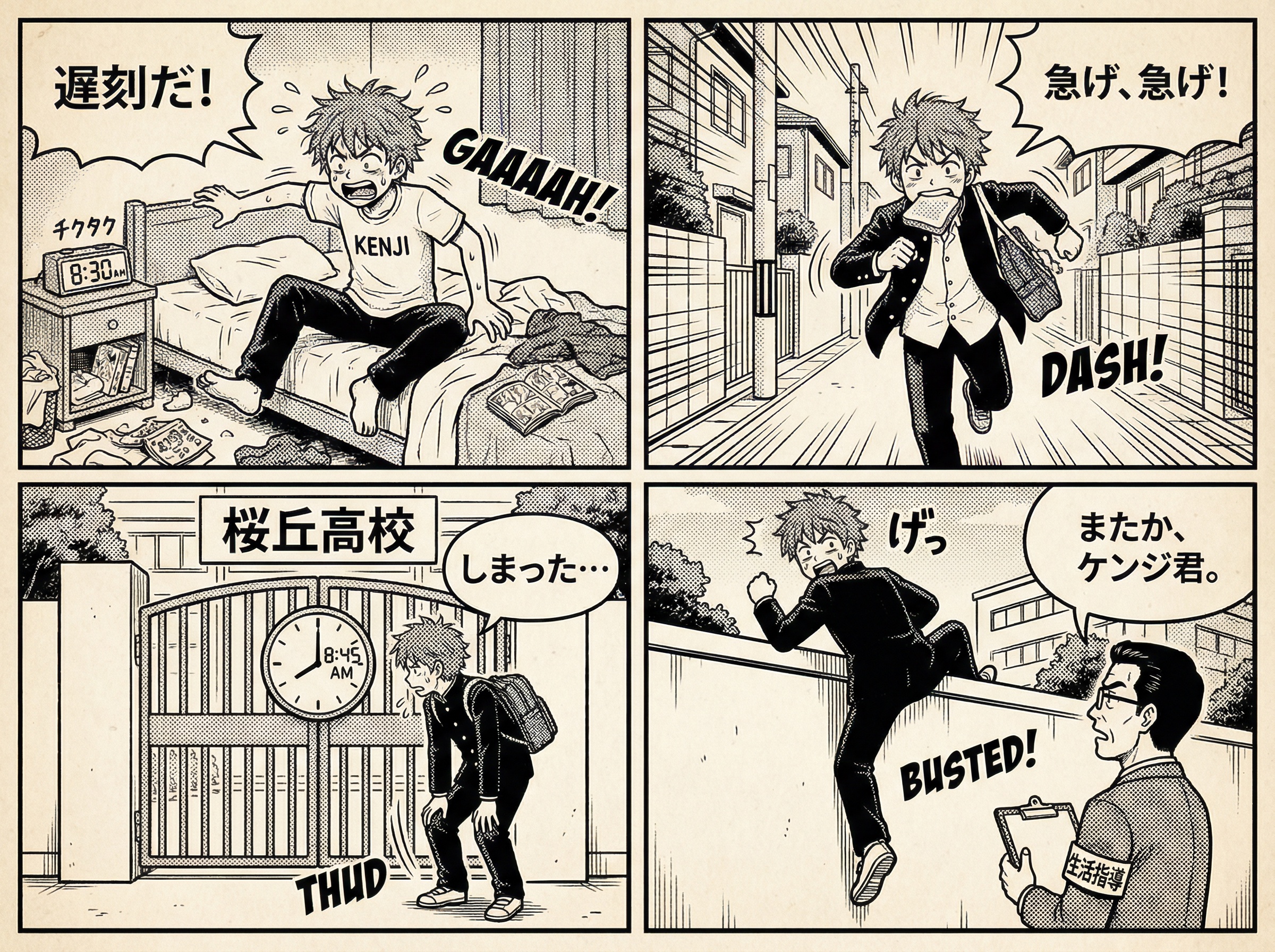Generate a black-and-white comic for me about a Japanese high school student being late for school.