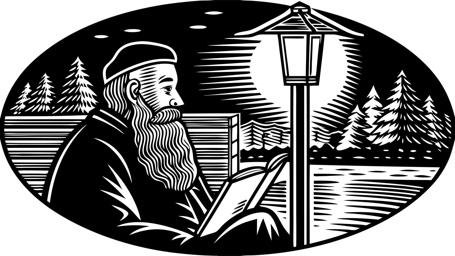 Old man with a long grey beard reading a book under a streetlamp at night