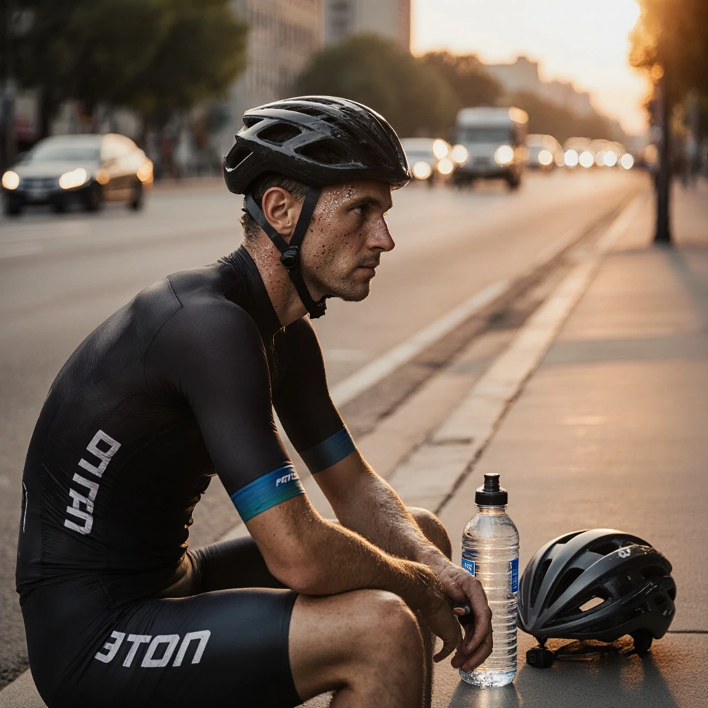 A cyclist resting on a curbside with a reusable water bottle and helmet beside him. Sweat on his brow, spandex gear catching the evening sun, and passing traffic slightly blurred in the background.