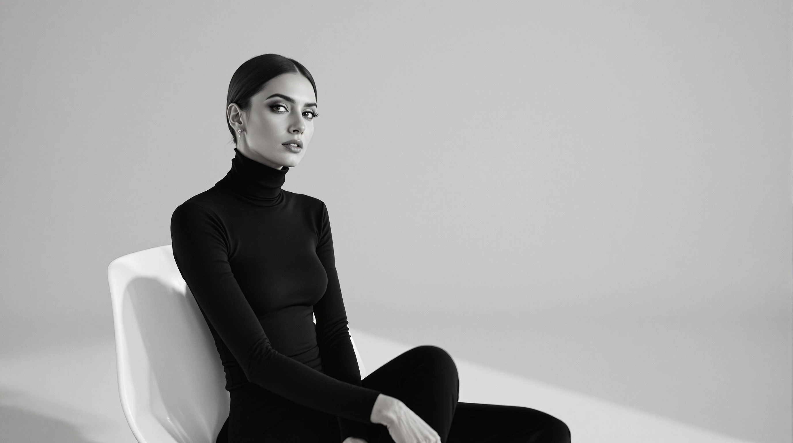 A minimalist fashion portrait of a woman in a sleek black turtleneck, seated on a modern white chair in an all-white room. Her gaze drifts off-camera, creating a cool, detached elegance. The composition is clean, with strong contrast and subtle shadow work.