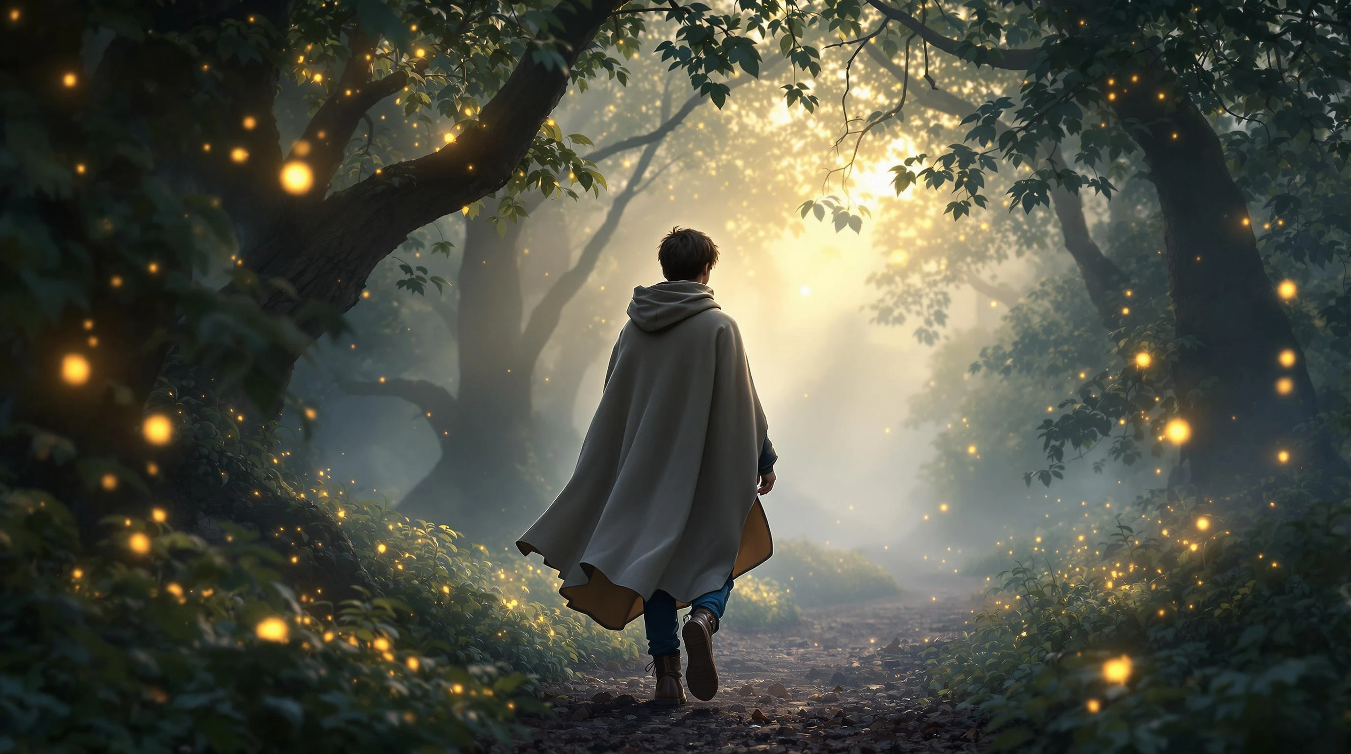 A teenage boy wanders through a misty enchanted forest, wearing a soft cloak and leather boots. Light glimmers through the leaves as tiny glowing motes float around him. The atmosphere is magical, like a scene from a fantasy novel.