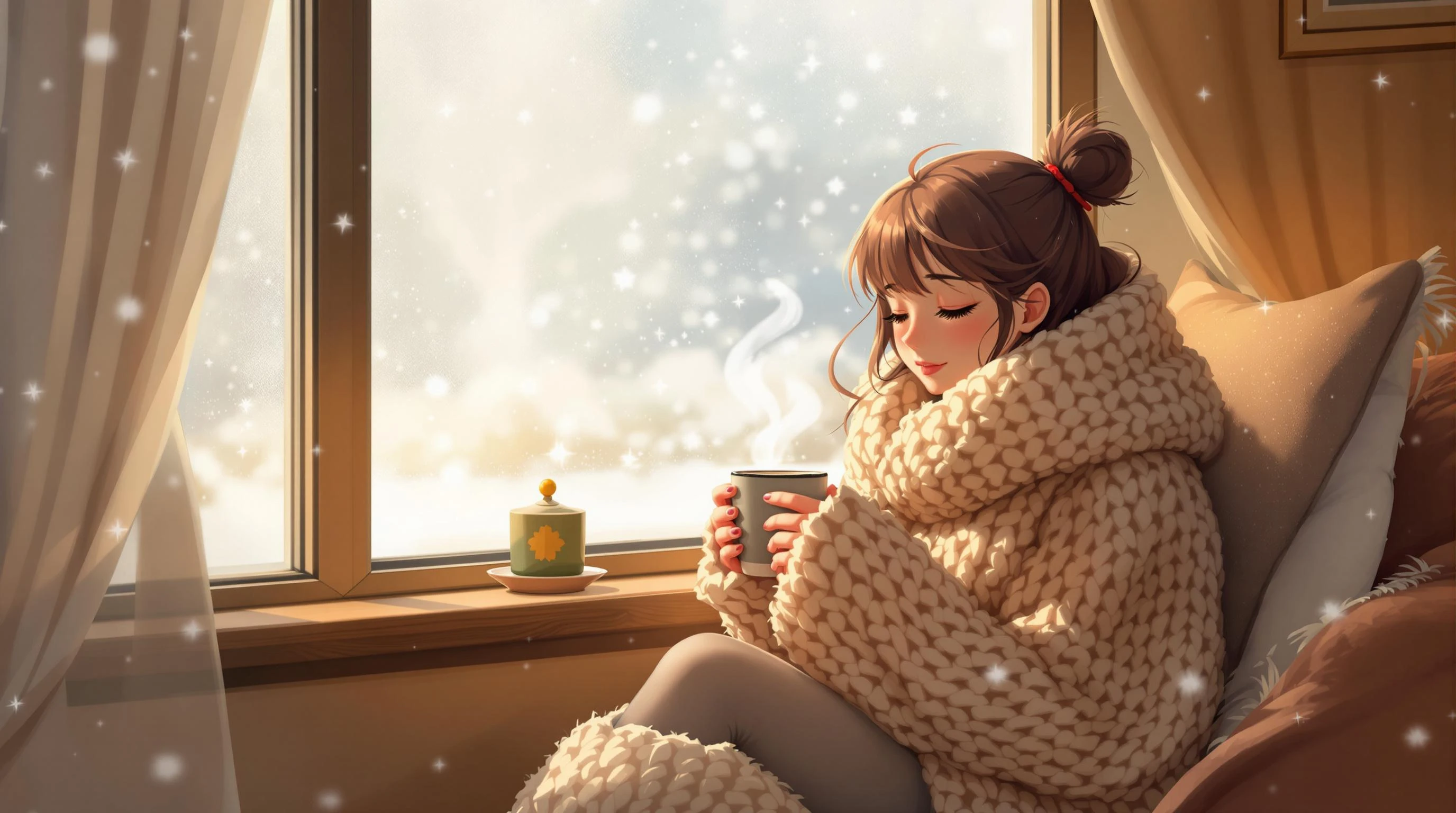 A cozy digital illustration of a girl sitting by a frosted window, wrapped in a chunky knitted sweater, holding a steaming mug. Snow falls softly outside, while warm light glows indoors. Her relaxed posture evokes a feeling of quiet winter comfort.