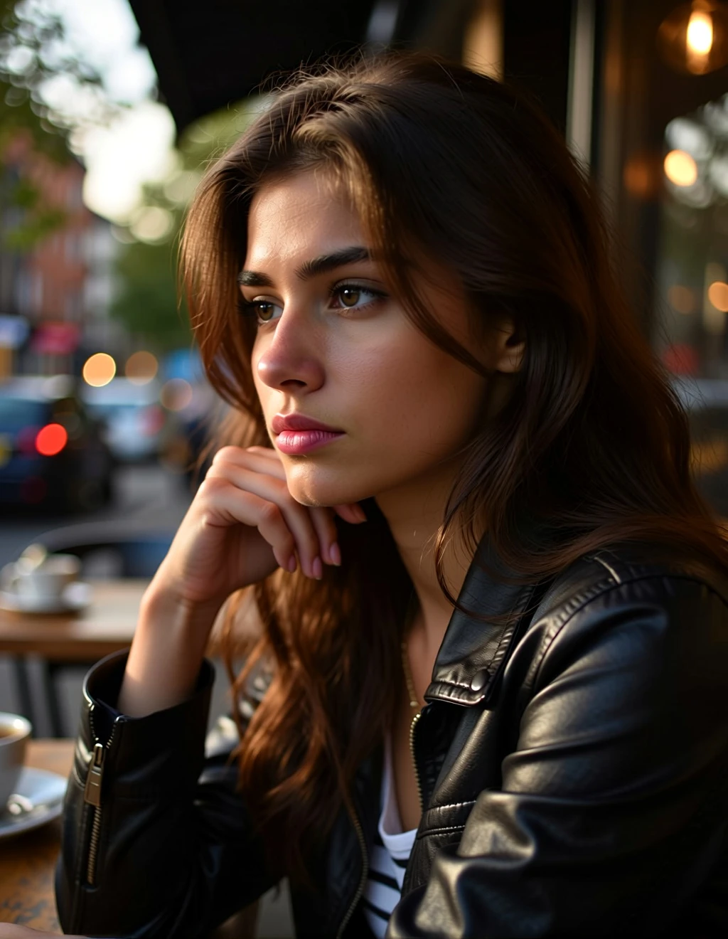 A stunningly hyper-realistic portrait of a pensive young woman, sitting by a cafe window during golden hour. Soft, warm light illuminates half of her face, strong shadows, intricate details of her flowing hair, shallow depth of field (bokeh background), shot on 85mm f/1.4 lens, cinematic atmosphere, film grain.