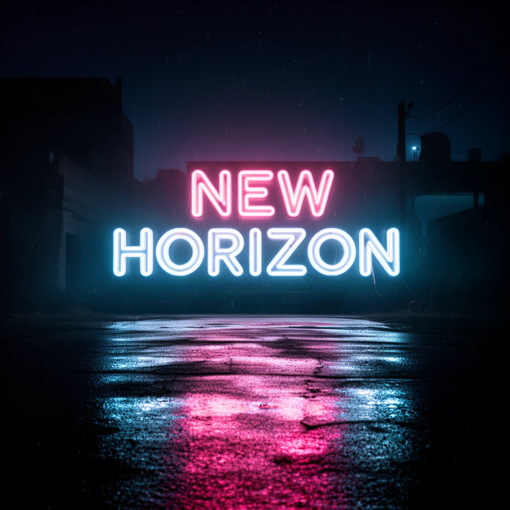 Transform this neon sign image into a cinematic title card while keeping the original text and composition.
Enhance the lighting with dramatic film-noir contrast, soft neon bloom, and deeper shadows in the surrounding environment.
Increase the wet ground reflection, making it glossier and more cinematic with stronger color diffusion.
Add subtle atmospheric elements such as light fog, faint rain particles, and a richer nighttime palette with deep blues and magentas.
Overall style: cinematic movie opening title, moody film lighting, atmospheric neon glow, high-end visual storytelling.