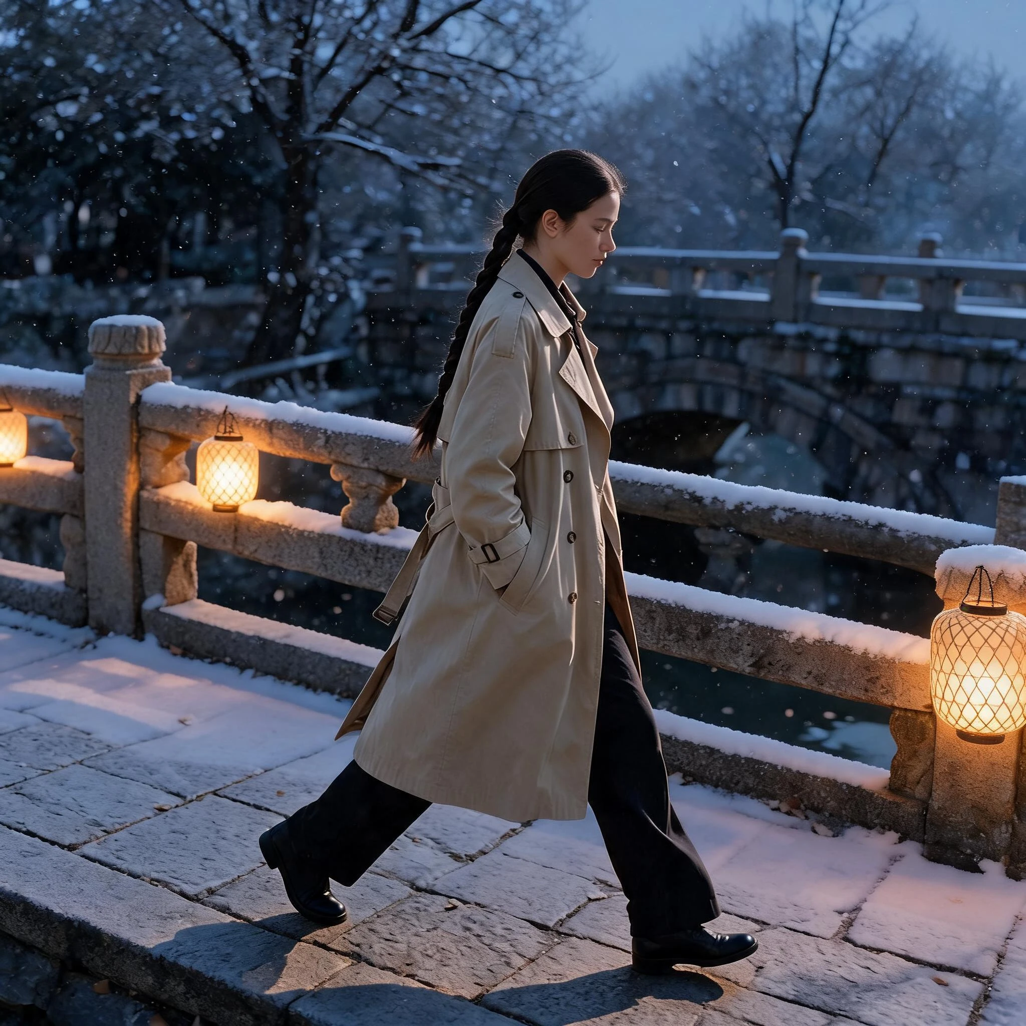 Keep the woman, her braid, pose and trench coat unchanged. Transform the scene into a snowy winter evening: snow falling, the bridge railings covered in snow, warm glowing lanterns along the bridge and bare trees with frost.