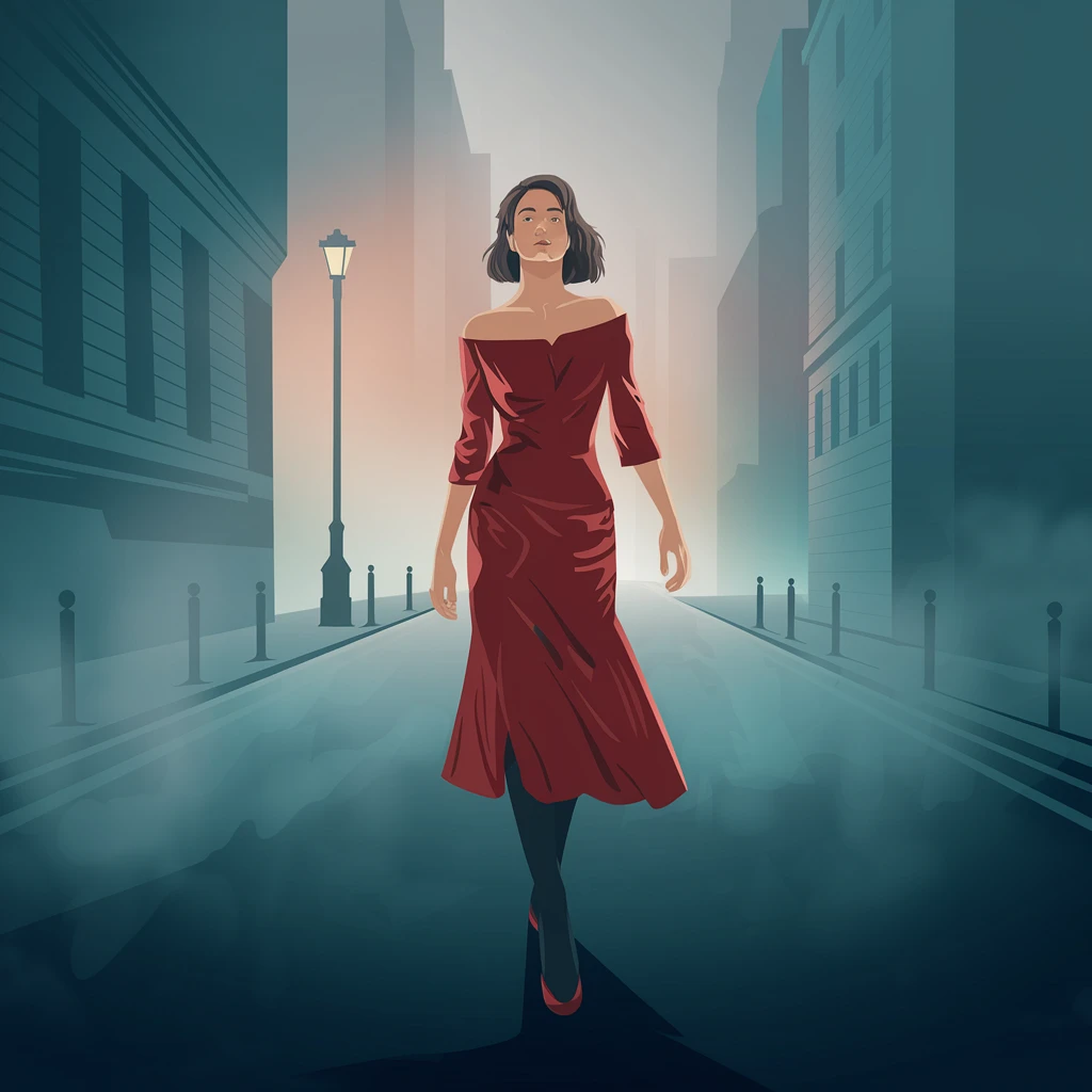 Woman in a red dress walking through foggy street at night, streetlamp glow behind her, mysterious atmosphere, soft focus background, high fidelity textures