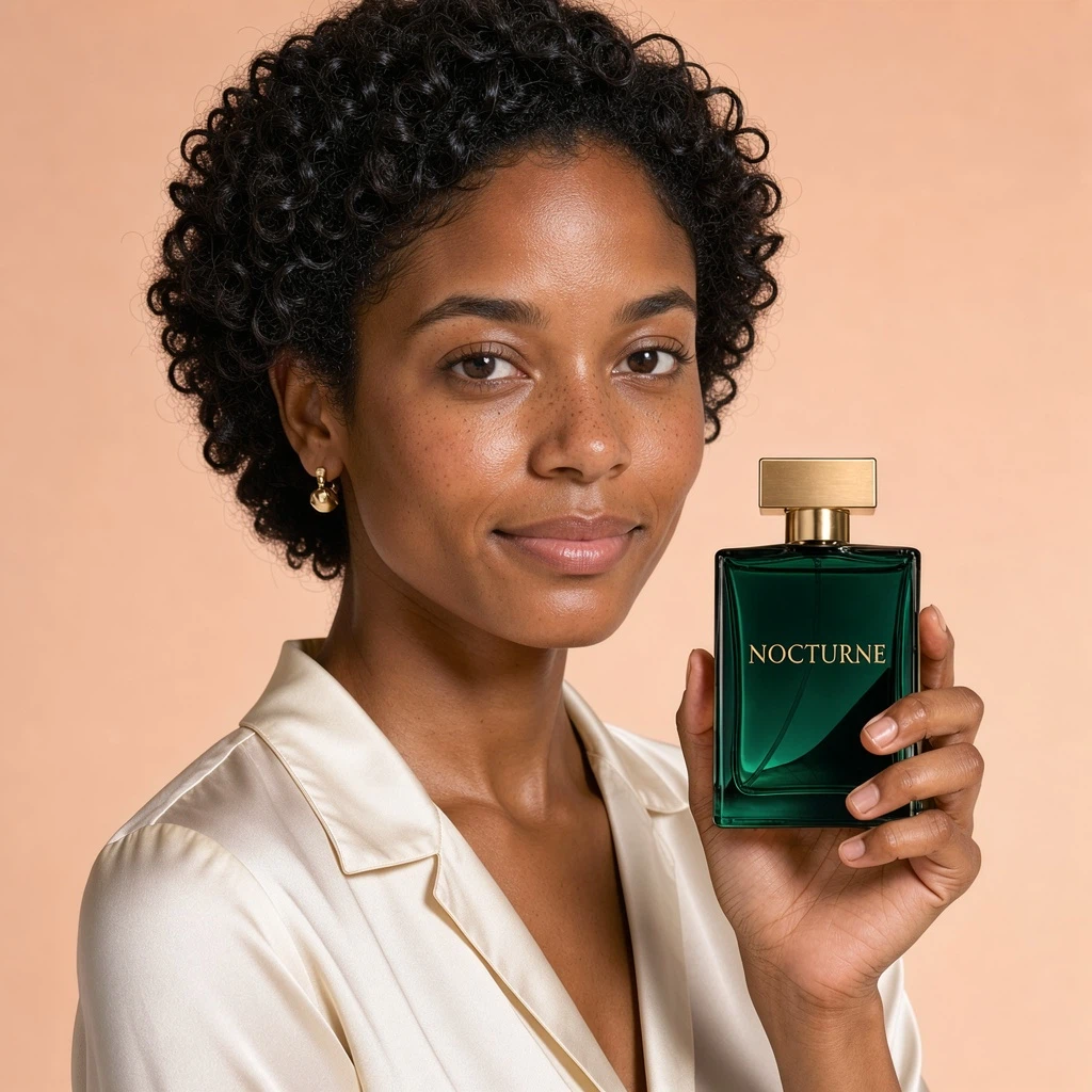 Redesign only the perfume bottle she is holding. Change it to deep emerald-green translucent glass with a brushed gold cap. Replace the label text with “NOCTURNE” in elegant gold lettering.
Keep the bottle's original shape, size, position, and orientation. Preserve the woman's exact face, expression, hairstyle, clothing, jewelry, pose, and finger placement. Keep the background and composition unchanged. Update reflections and the subtle light transmitted through the glass to match the new materials.