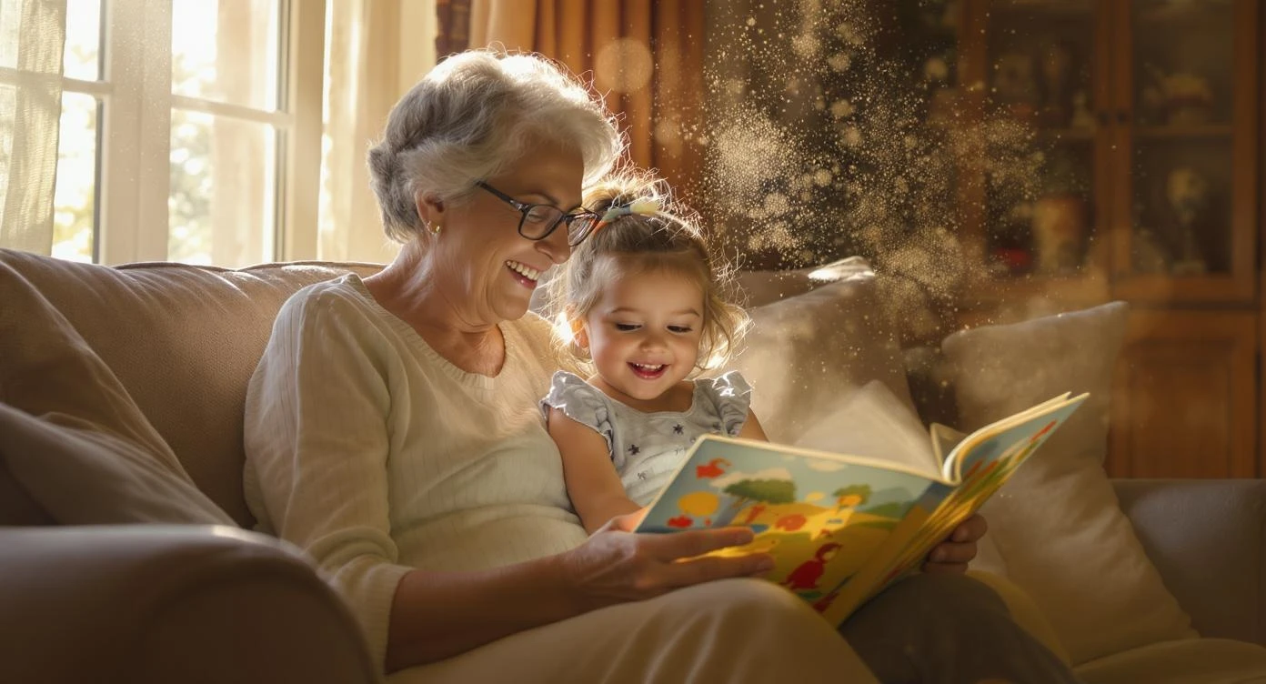 An amiable grandmother wearing reading glasses, smiling as she reads a picture book to her little granddaughter on her lap in a living room filled with afternoon sunlight. Sunbeams from the window create a beautiful Tyndall effect, illuminating dust in the air. The scene is warm, tranquil, and full of love. Realistic photo, highly detailed, shot on a Canon camera with an 85mm f/1.8 lens, shallow depth of field, focus on the interaction.