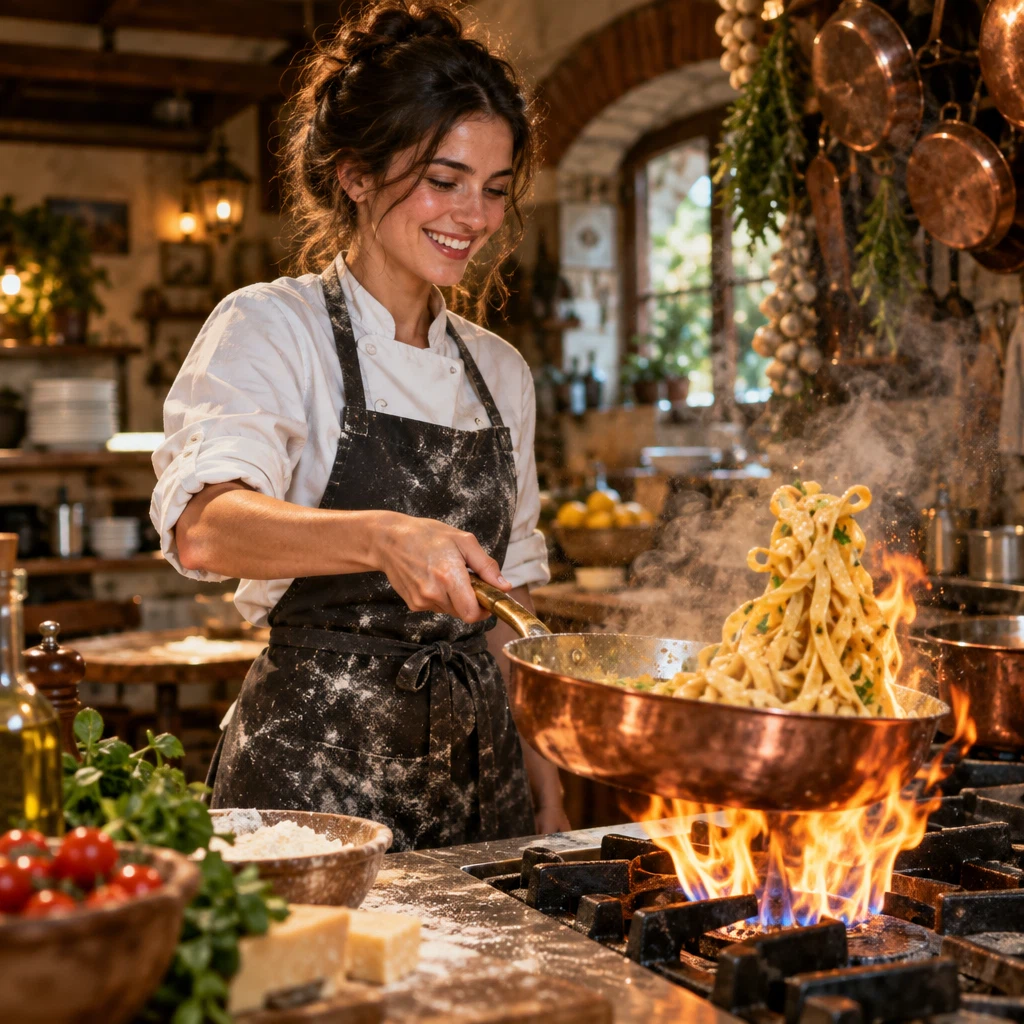 A cheerful young woman chef with rolled sleeves tossing fresh pasta in a steaming copper pan in a rustic trattoria kitchen, flames leaping from the stove, flour dust glowing in warm light, candid cinematic food photography, shallow depth of field, no signs or text anywhere