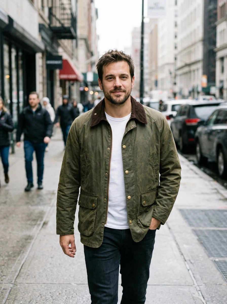 The man from image 1 wearing the jacket from image 2 over his white t-shirt, walking down a city street on an overcast day, natural street photo.