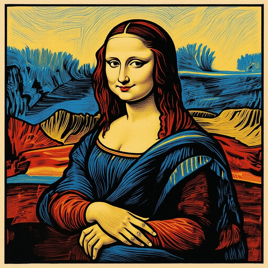 Mona Lisa, blockprint style