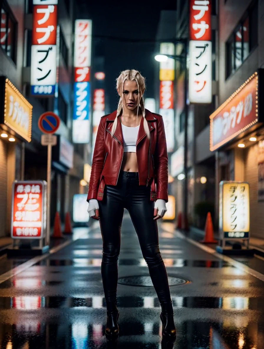 The same woman from <Picture 1>, same face and braided blonde hair, now wearing a red leather jacket, standing in a neon-lit Tokyo alley at night with rain on the ground. Photorealistic still.