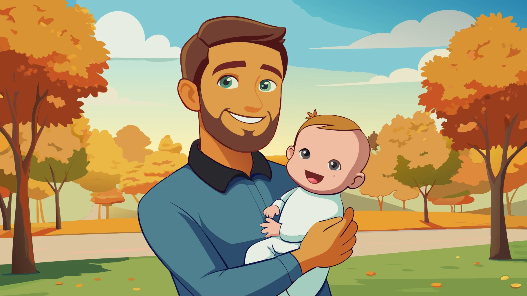 Father holding his baby in a sunlit park, candid emotion, detailed facial features, colorful autumn background, bokeh effect, Leica look