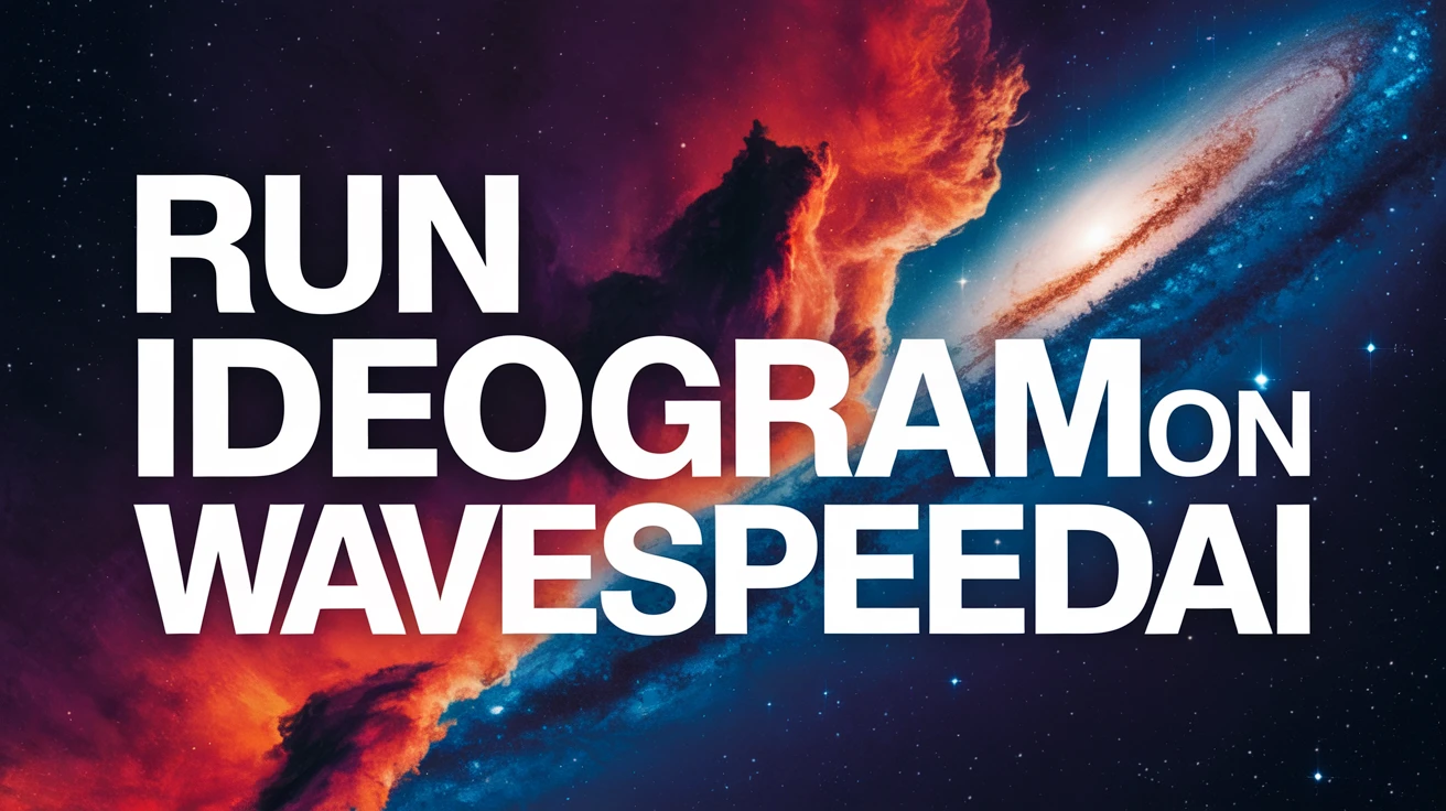 A beautiful typographic poster with the text "Run Ideogram on WaveSpeedAI", against an epic space scene