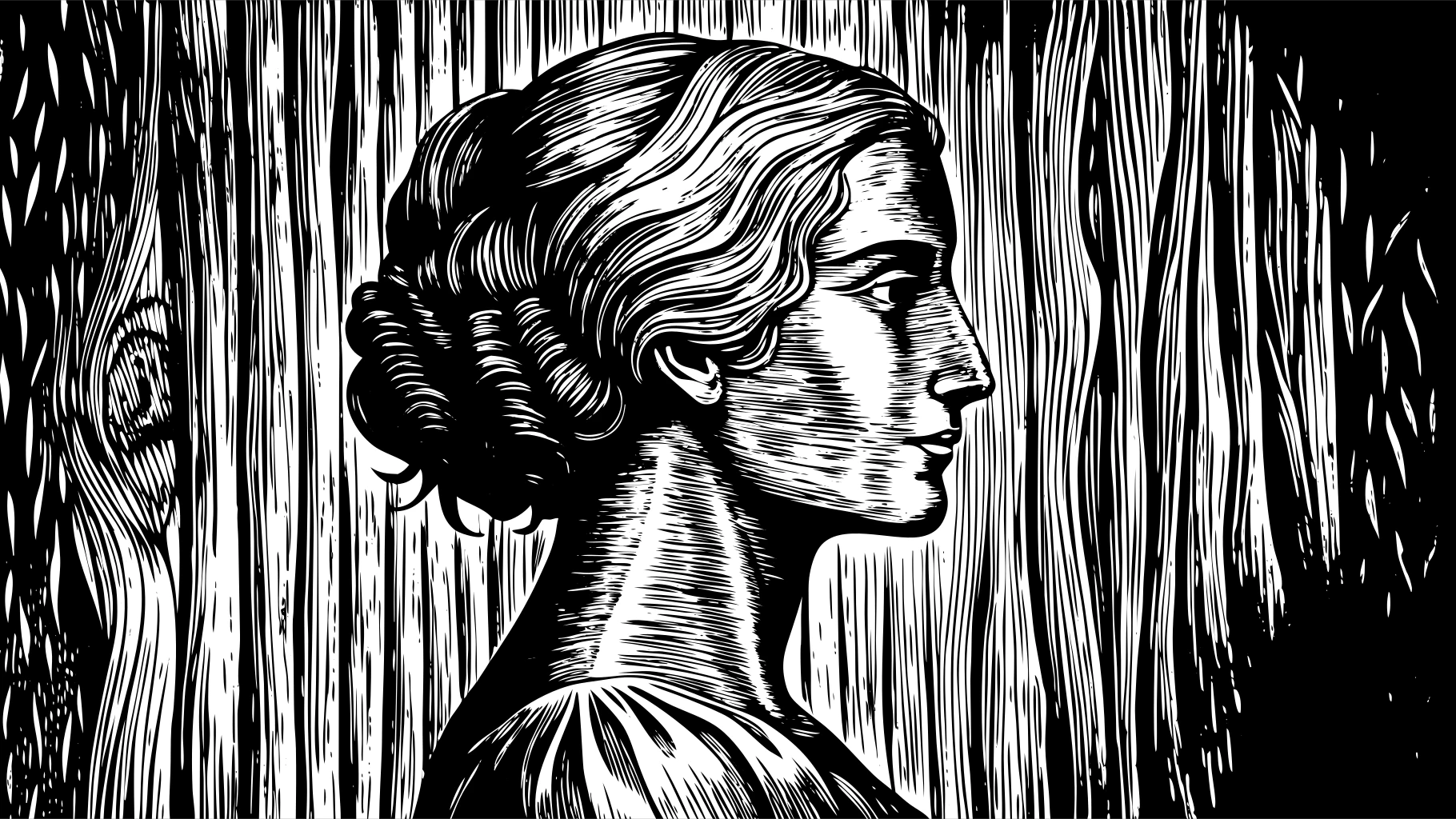 Traditional wood engraving of a woman in profile, botanical background, fine linework, 19th-century style, monochrome, rustic tone
