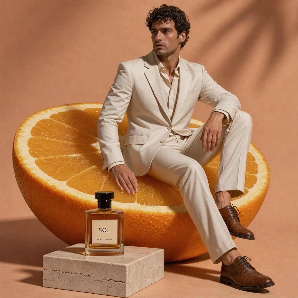 A surreal luxury fragrance campaign photographed like a real fashion editorial. A stylish male model with curly dark hair and a sharply tailored cream suit sits casually on the curved peel of an enormous freshly cut orange. His posture is relaxed and confident, one hand resting beside him, his gaze directed just past the camera.
On a small travertine pedestal in the foreground stands an amber glass perfume bottle with a crisp minimalist label reading “SOL” and smaller text reading “EAU DE PARFUM”. The giant orange reveals translucent citrus pulp, tiny droplets, and richly textured peel. Soft botanical shadows fall across a pale terracotta studio background. Warm side lighting, elegant negative space, realistic skin texture, subtle film grain, sophisticated commercial art direction.