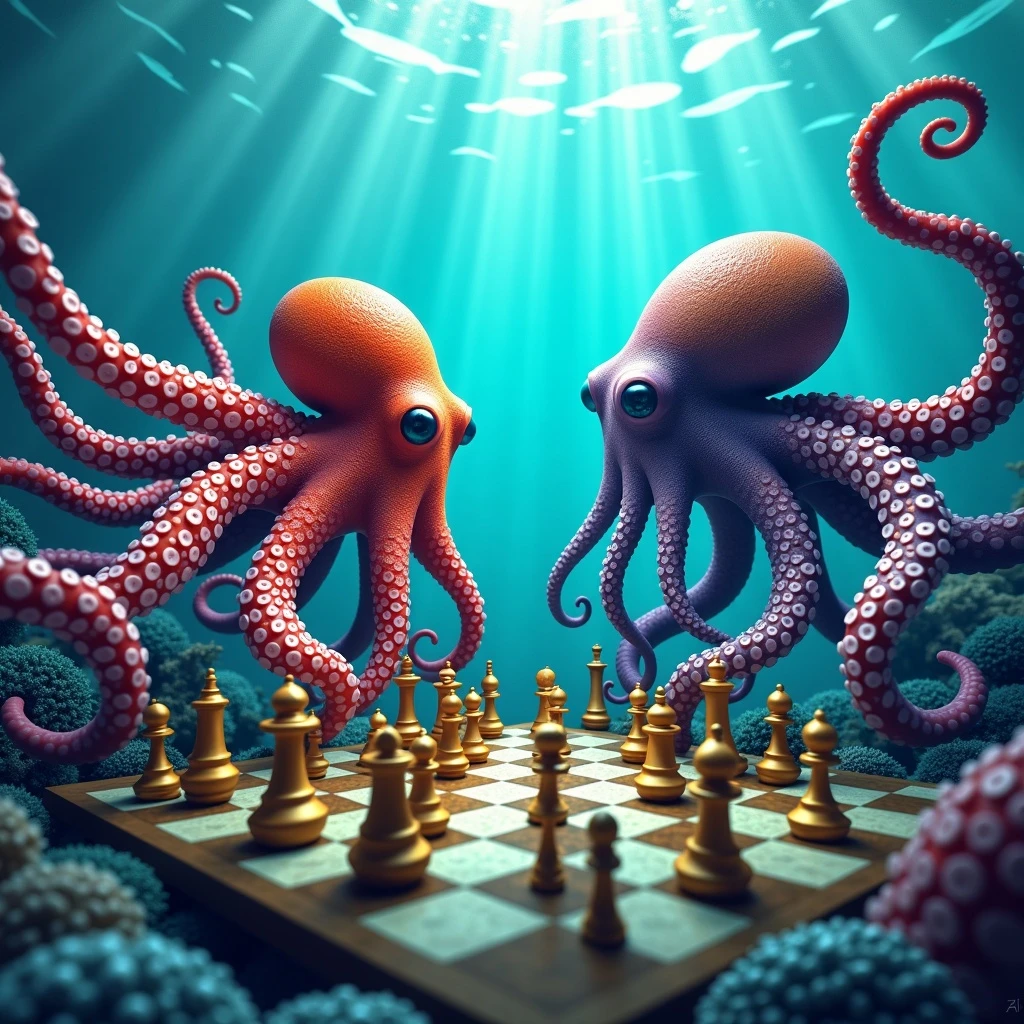 Octopus vs. lam chess game, underwater setting, vibrant colors