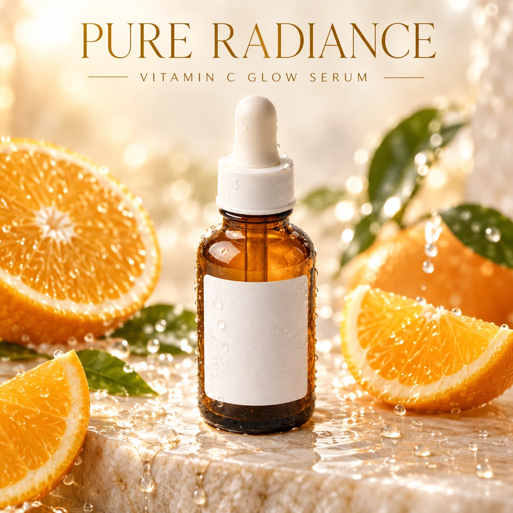 Turn this bottle into a luxury skincare print advertisement: place it on a wet pale stone surrounded by fresh orange slices and water droplets, soft warm backlight, and add the headline "PURE RADIANCE" in elegant thin serif letters at the top and "Vitamin C Glow Serum" in small caps below it. Keep the bottle shape exactly the same.