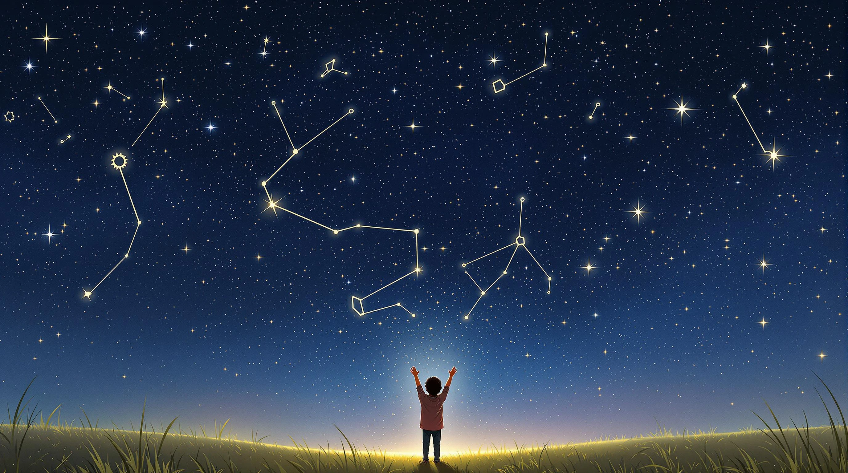 A fantasy-styled illustration of a child standing in an open field under a vast star-filled sky. They raise their hands toward the constellations, as faint magical trails connect stars into glowing shapes. The atmosphere is peaceful, otherworldly, and full of wonder.