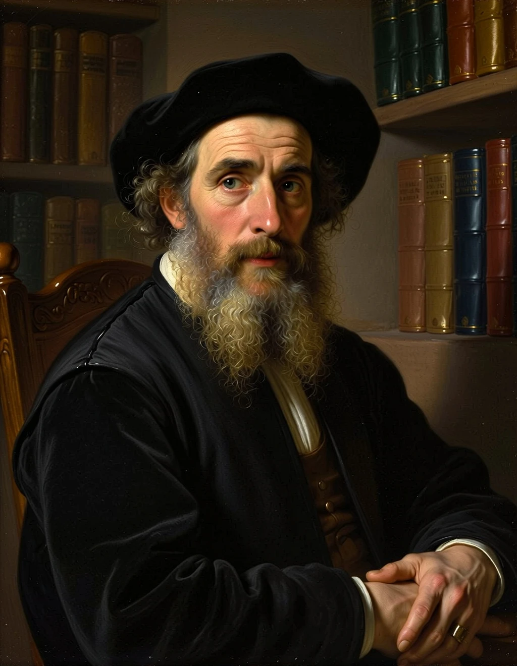 An oil painting portrait in the style of Rembrandt. An old scholar with a long white beard, kind eyes, wearing dark robes, sitting in a dimly lit library. Strong chiaroscuro (light-dark contrast), rich textures, warm tones, masterful brushstrokes, profound expression.