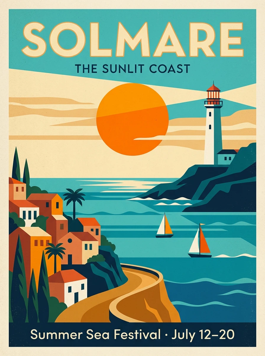 A mid-century modern travel poster for a fictional seaside town. Bold flat shapes: turquoise sea, a white lighthouse, orange sun, two sailboats. Large headline at the top reading "SOLMARE", smaller line at the bottom reading "Summer Sea Festival · July 12–20". Clean grid layout, subtle paper grain, limited warm palette.