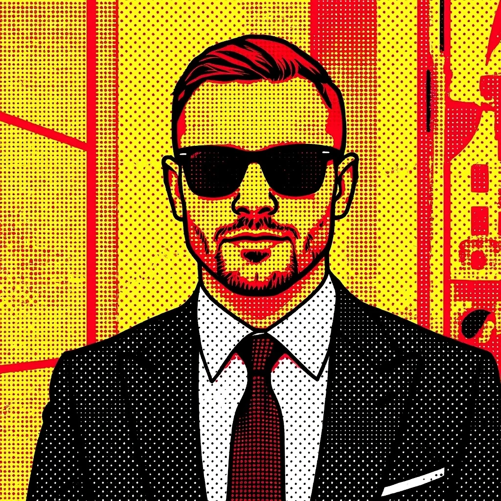 A young man with sunglasses, portrait, blockprint style