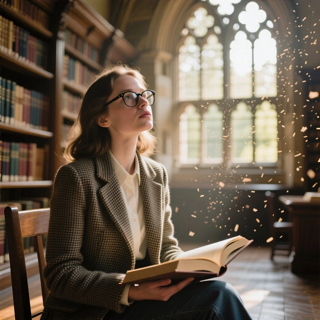 realism, a young scholar with glasses, wearing a tweed blazer, sits in a grand, ancient library. Sunlight streams through a massive arched window, illuminating dust motes dancing in the air. An open book rests on her lap as she looks up thoughtfully. Warm and cozy atmosphere, light academia aesthetic, narrative lighting, photorealistic.