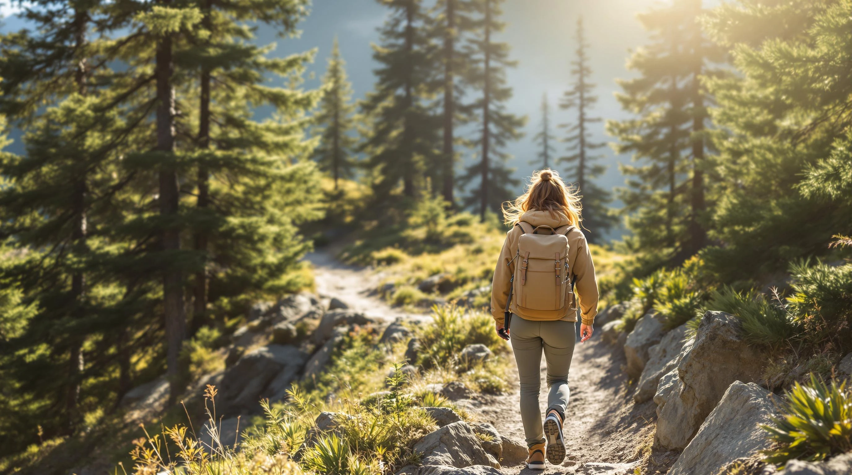 A serene image of a young woman hiking along a winding mountain trail, surrounded by towering pine trees. She wears earth-tone hiking gear and a canvas backpack, her steps light and steady. The scene is sun-dappled, crisp, and meditative, evoking nature’s quiet strength.