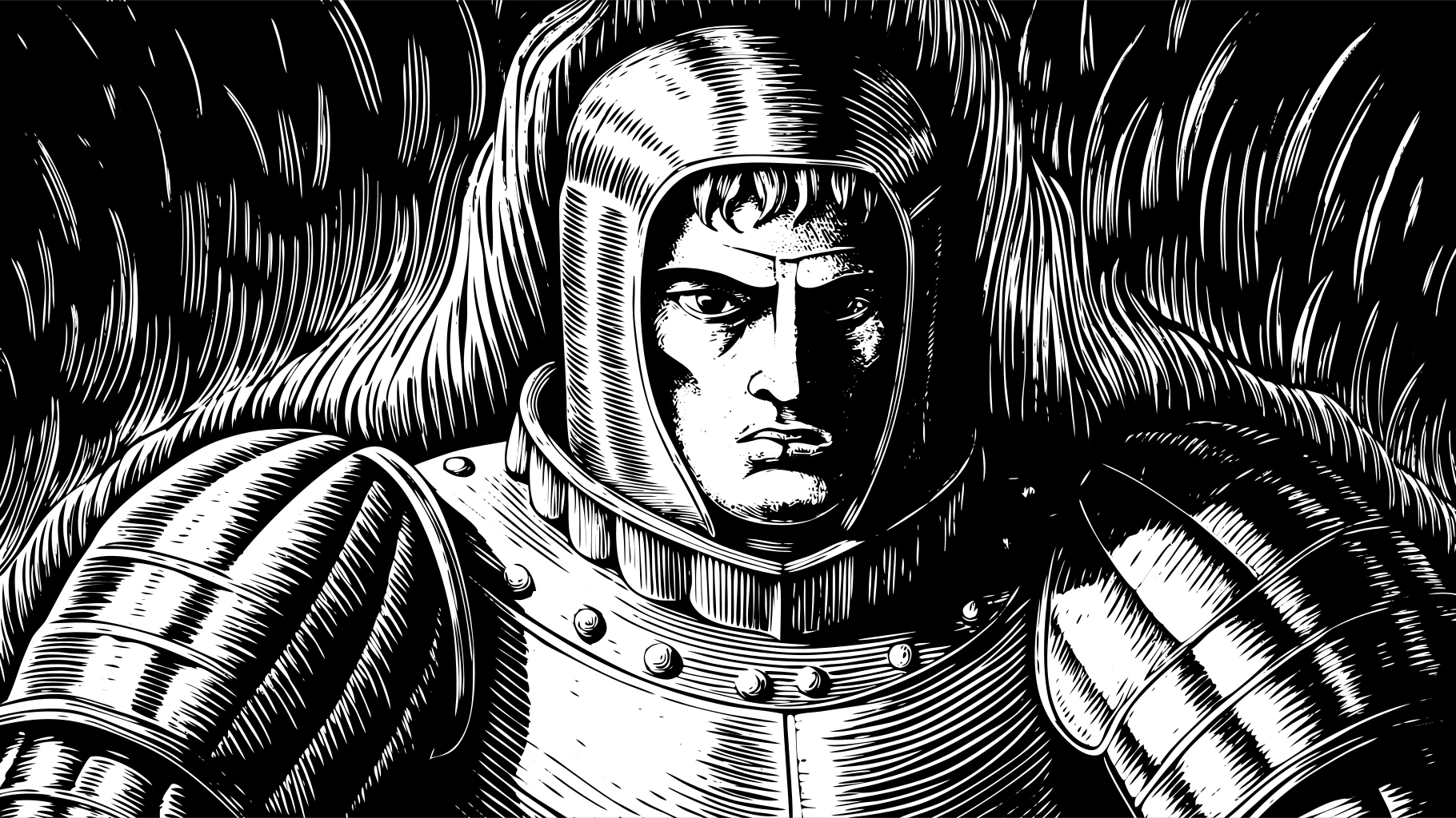 Woodcut-style portrait of a medieval knight, traditional linocut textures, strong black-and-white contrast, intricate lines, vintage book illustration
