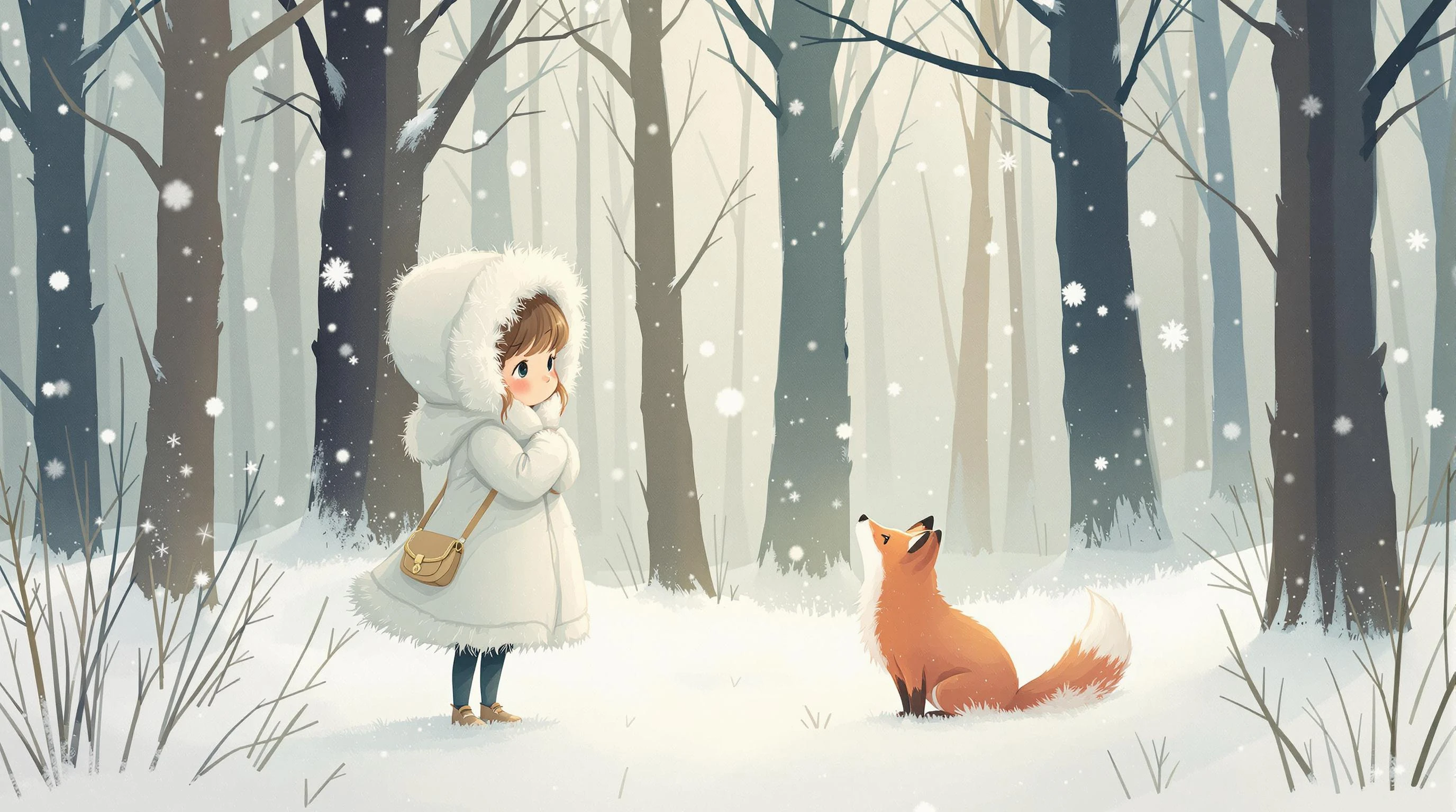 An enchanting illustration of a young girl wrapped in a fluffy white parka standing still in a quiet snowy forest, while a red fox looks up at her curiously. Snowflakes gently fall, and the color palette is soft and desaturated, evoking a calm winter fairytale moment.