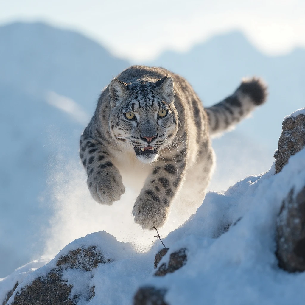 National Geographic photo of the year, a majestic snow leopard captured mid-leap on a rocky, snow-covered mountain ridge, intense focus in its eyes, dynamic motion blur, dramatic lighting from the low sun, extremely detailed fur, 8k resolution.