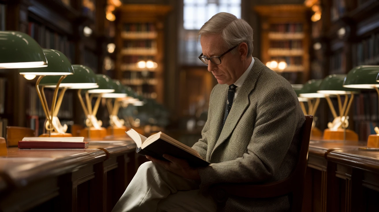 An environmental portrait of a university professor in his 50s, sitting in a classic, grand library surrounded by old books. He is wearing tweed jacket and glasses, looking thoughtfully at a book in his hands. The room is filled with warm, ambient light from desk lamps. The atmosphere is quiet and intellectual. Photograph, cinematic, realistic.