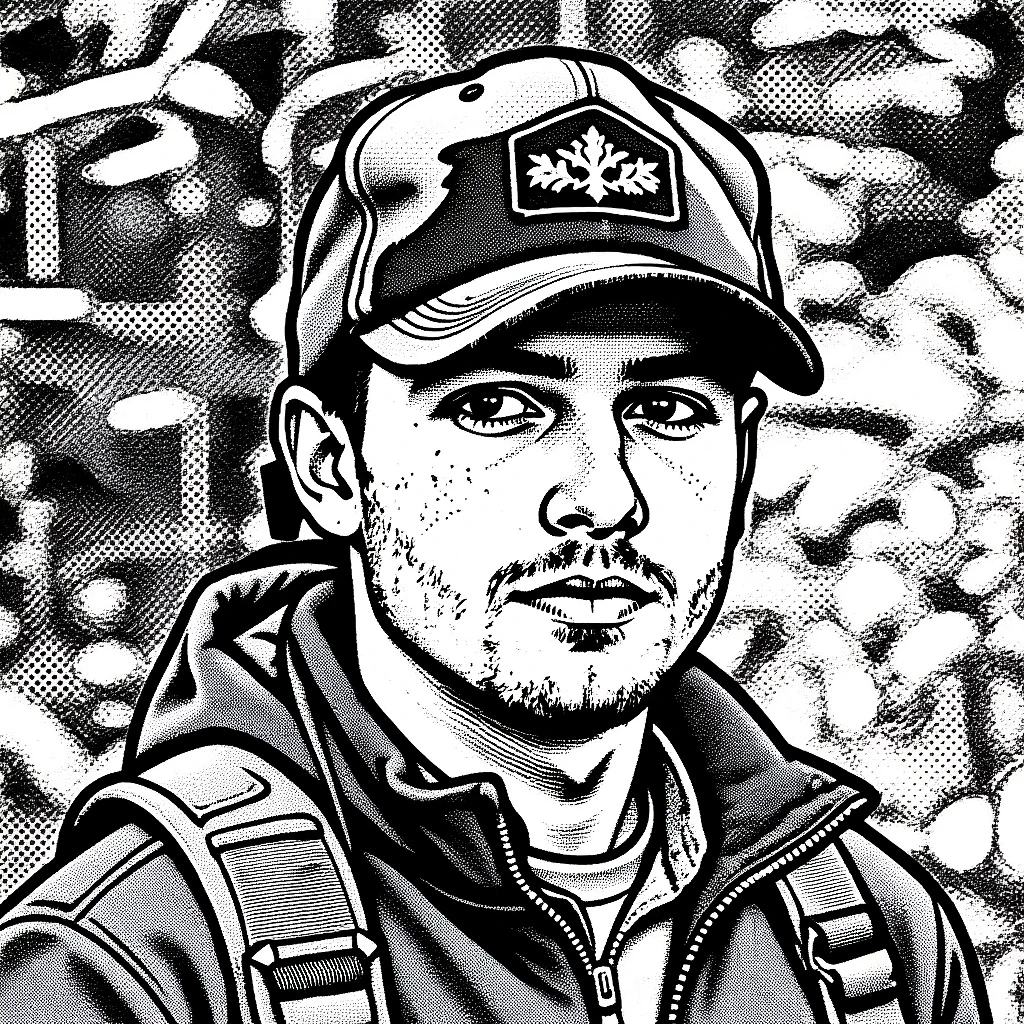 A young man wearing a hunters cap, portrait, blockprint style