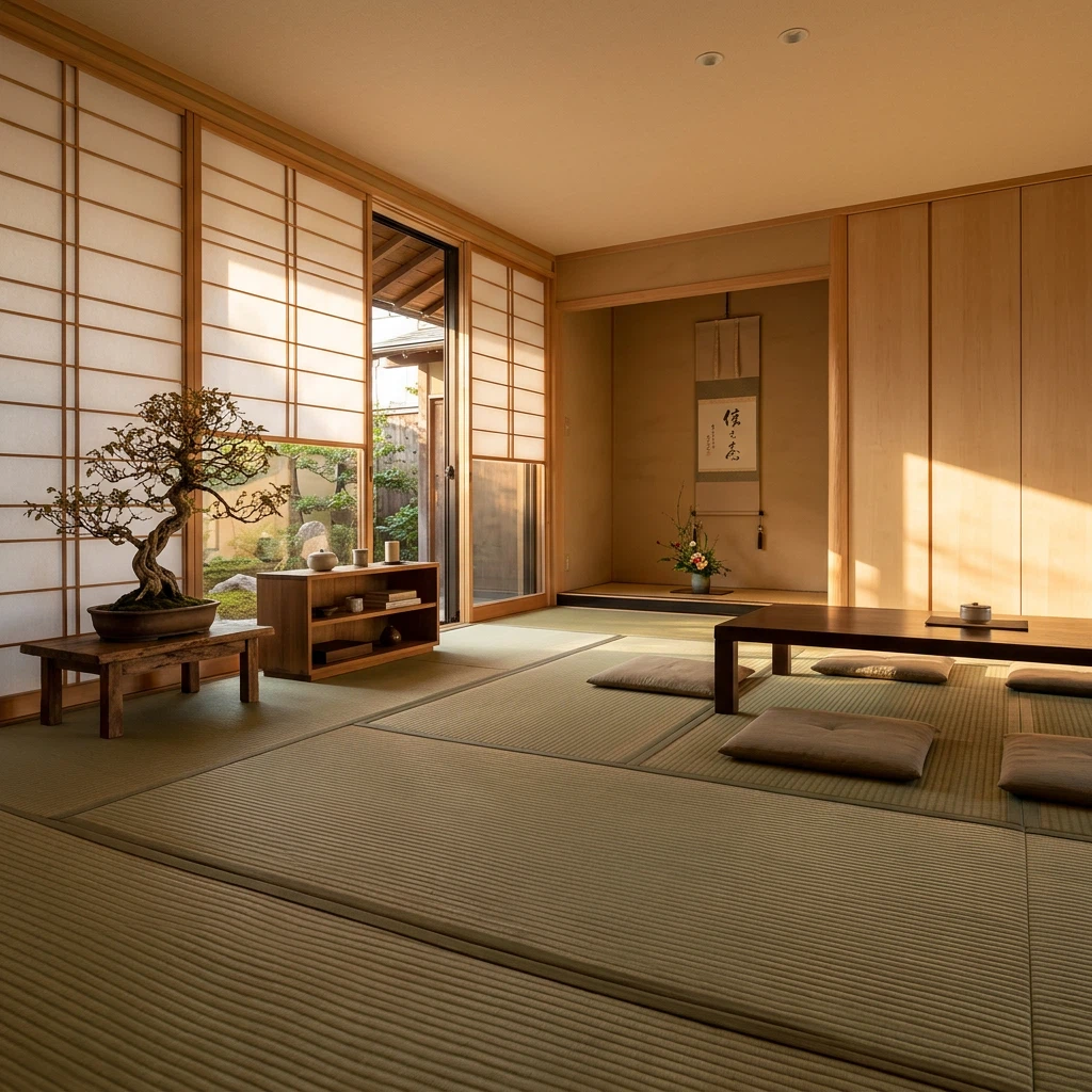 Interior photo of a minimalist Japanese-style living room with low wooden furniture, tatami floor, sliding paper screens and a bonsai, late afternoon sun casting soft shadows, architectural photography