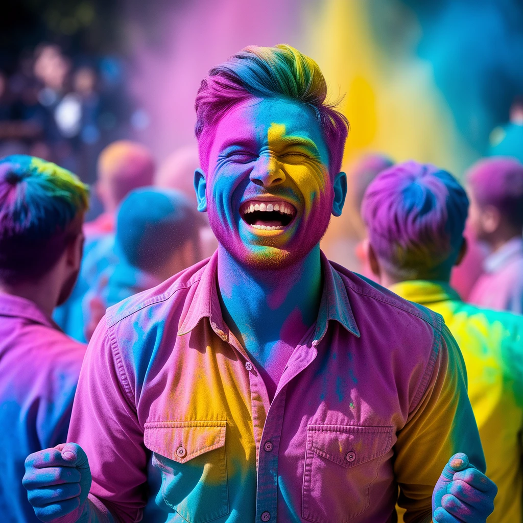 A vibrant, candid photograph of an Indian man celebrating the Holi festival. His face and clothes are covered in colorful powders of pink, blue, and yellow. He has a joyful, unrestrained laugh, with his eyes closed in happiness. The background is a blur of other people and flying colors. The bright sunlight makes the colors pop. Action shot, photorealistic, high energy.