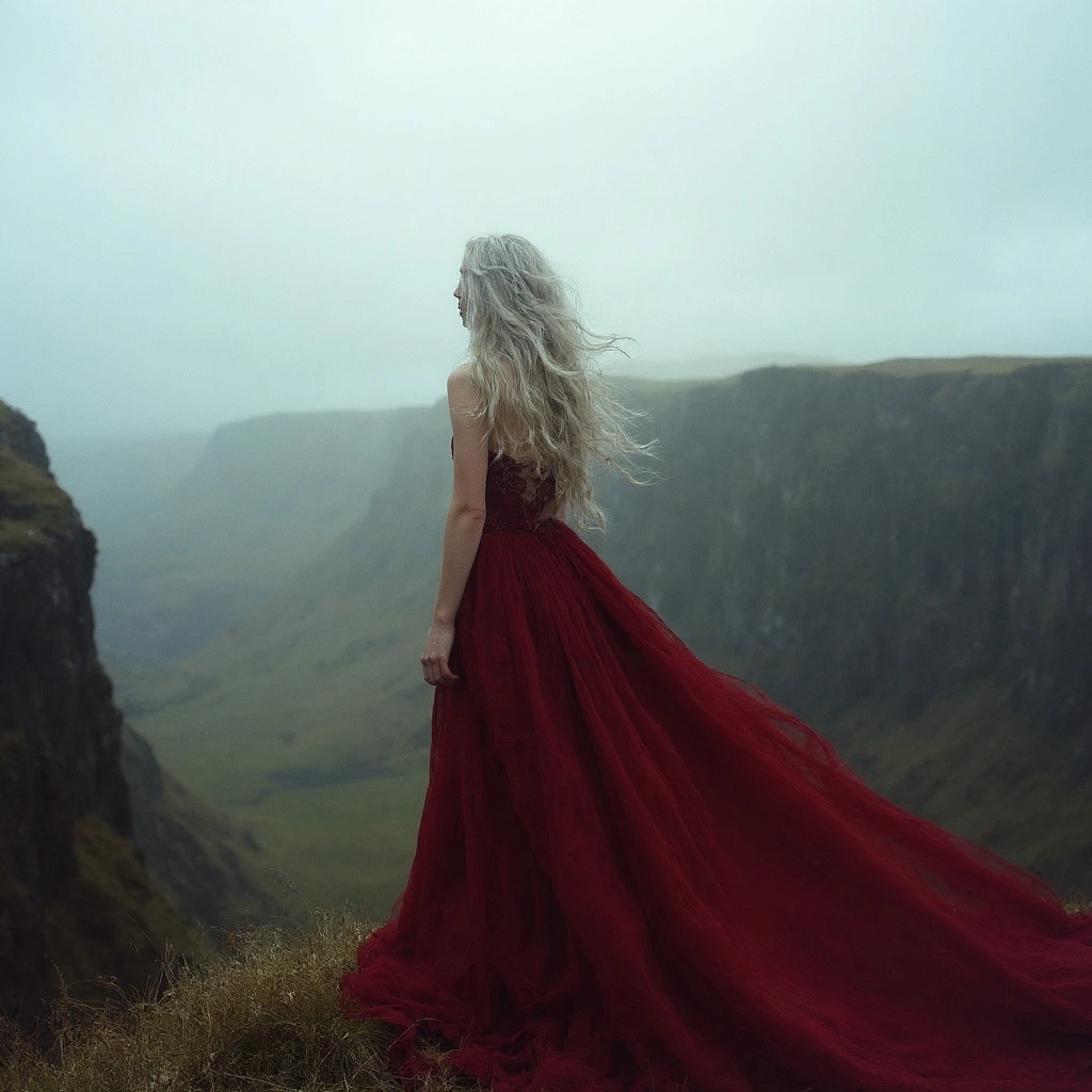 A statuesque model with flowing silver hair standing on the edge of a dramatic cliffside in the Scottish Highlands. She is wearing a long, flowing crimson gown that billows in the wind. The sky is overcast and moody. The shot is wide-angle, capturing the vastness of the landscape and her commanding presence within it. Powerful, raw, and epic. Shot on Kodak Portra 400 for a rich, filmic look.