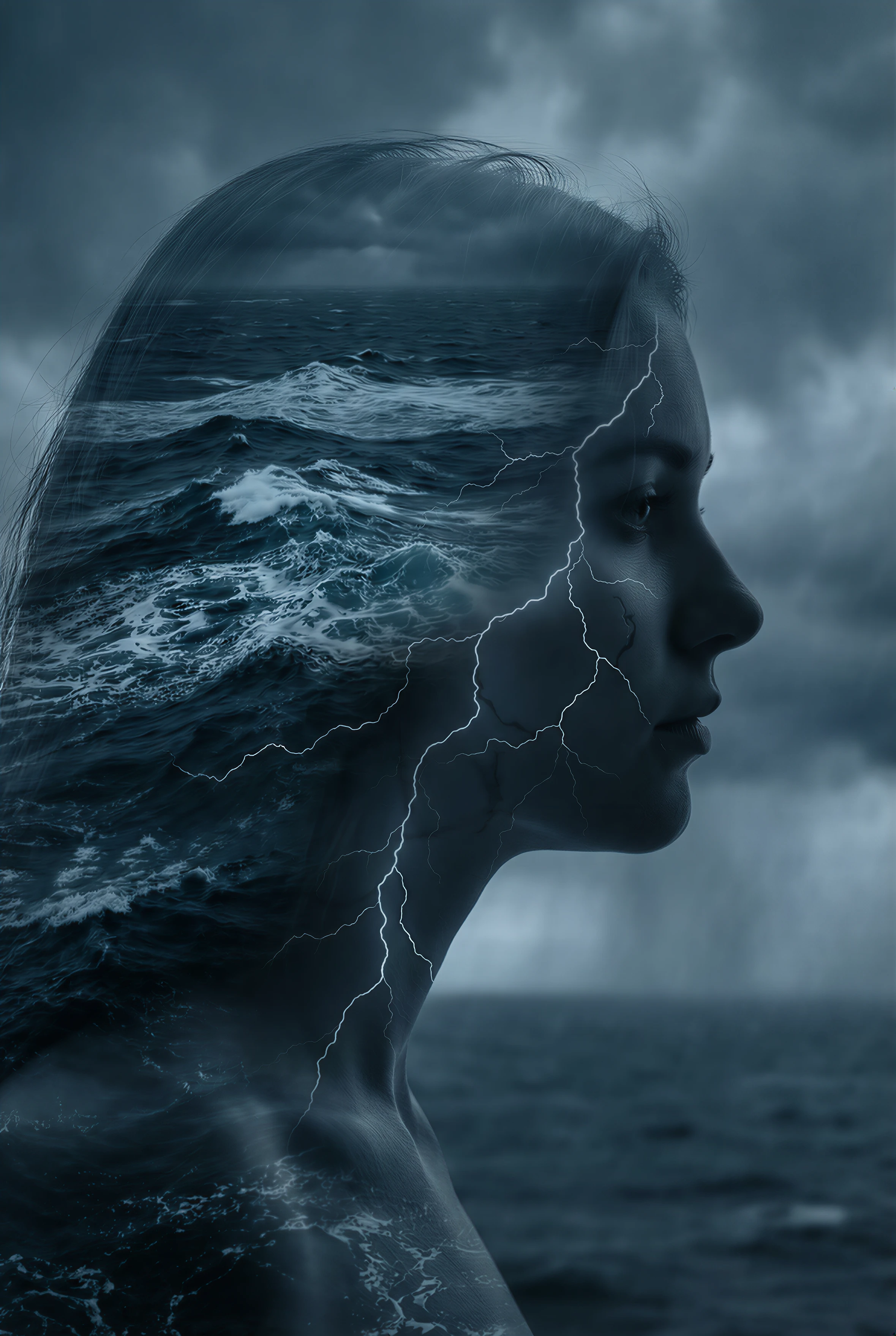 Artistic double exposure photography. Profile silhouette of a woman combined with a raging thunderstorm over a turbulent ocean. The waves form her hair, and the lightning bolts form the cracks in her skin. Dark moody blue and grey color palette. The transition between the woman's face and the storm is seamless and dreamy. Surrealism, fine art style, emotional, isolated, 8k.
