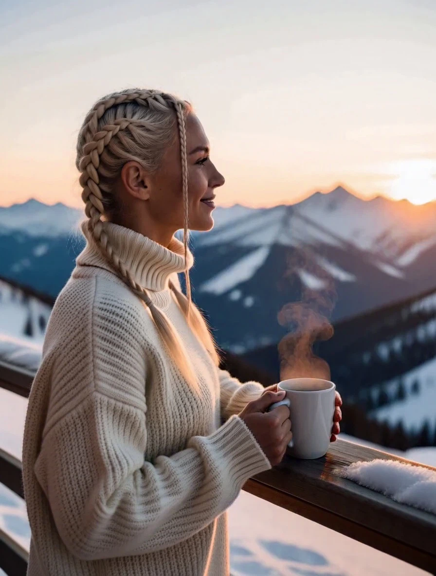 The same woman from <Picture 1>, same face and braided blonde hair, now wearing a cream knit sweater, standing on a snowy mountain terrace at sunrise holding a steaming mug, soft pink light. Photorealistic still.