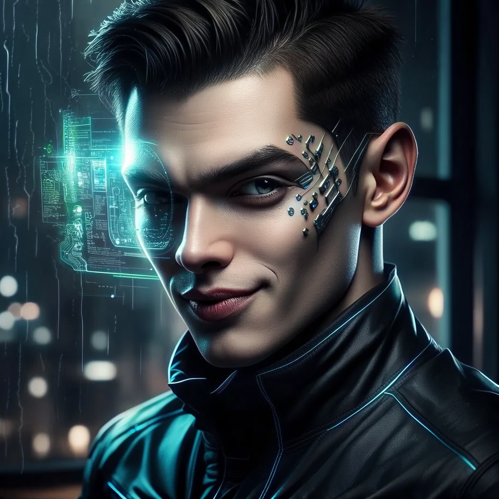 A close-up portrait of a charismatic cyberpunk hacker. Their face is half-lit by the glow of a holographic interface, revealing intricate neural implants around one eye. They have a sharp, knowing smirk, and their dark jacket features subtle glowing accents. Rain streaks down a window in the blurred background.