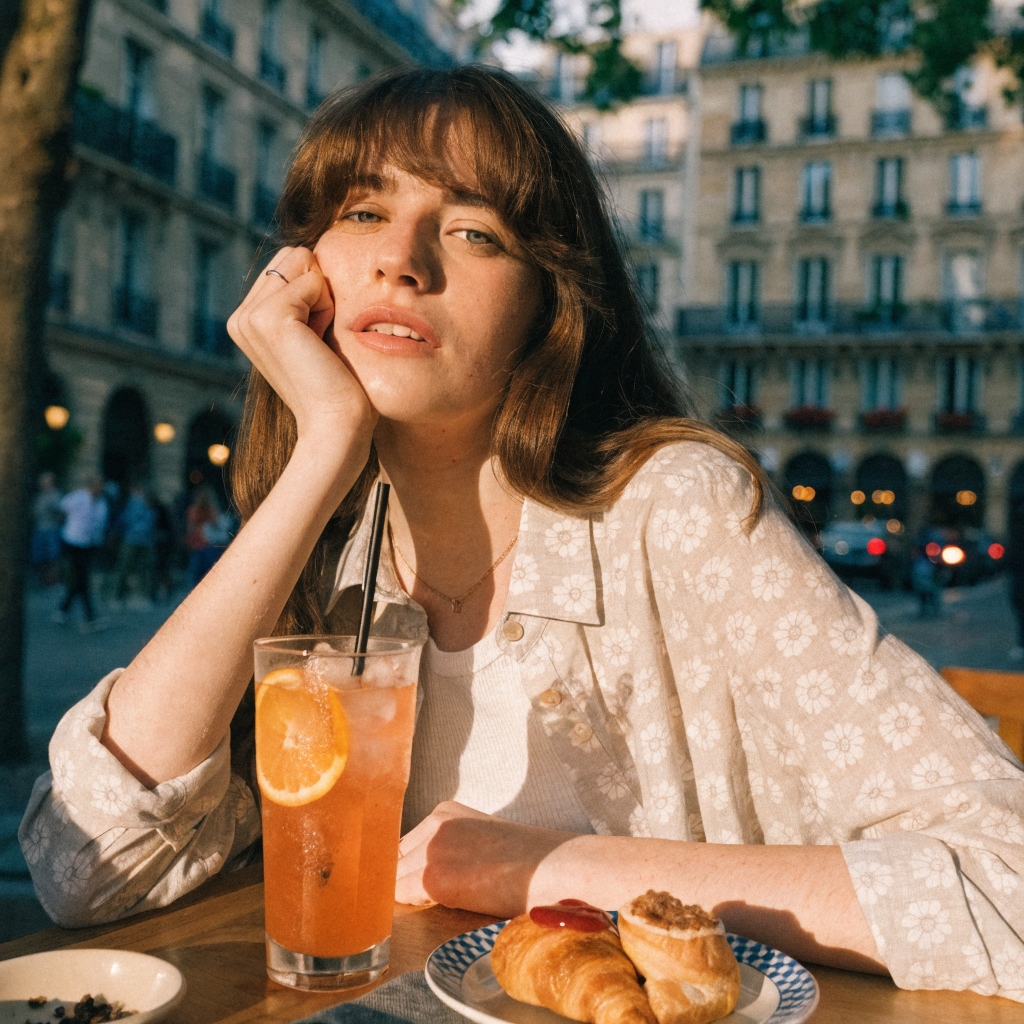 A young woman sitting in a Parisian café at golden hour, soft bokeh background, shot o