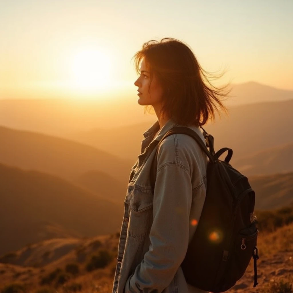 a traveler standing on a hilltop at sunrise, light wind blowing through her hair, ultra-realistic lighting, soft golden glow, bright clear sky, detailed fabric, serene atmosphere, realistic landscape, cinematic photo realism