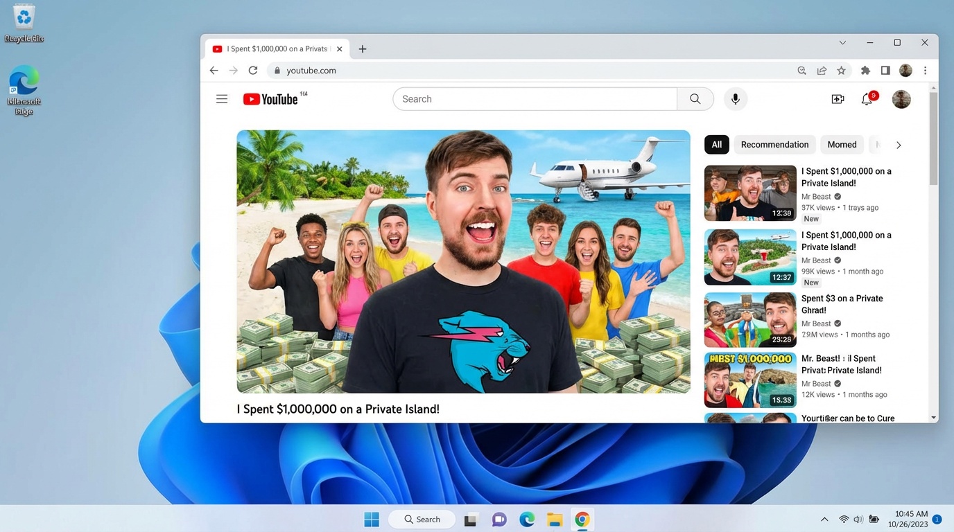 Generate a screenshot of a windows 11 desktop, with google chrome open, showing a YouTube thumbnail of Mr. Beast on YouTube.com