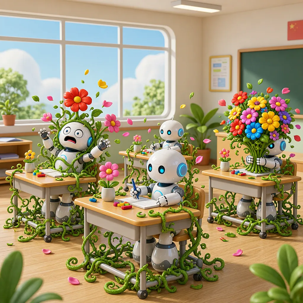 Change the flower arrangement class goes hilariously wrong: flowers growing wildly out of control, vines wrapping around desks, one robot panicking, another proudly holding an absurd giant bouquet, petals flying everywhere, comedic chaos while preserving the classroom scene.