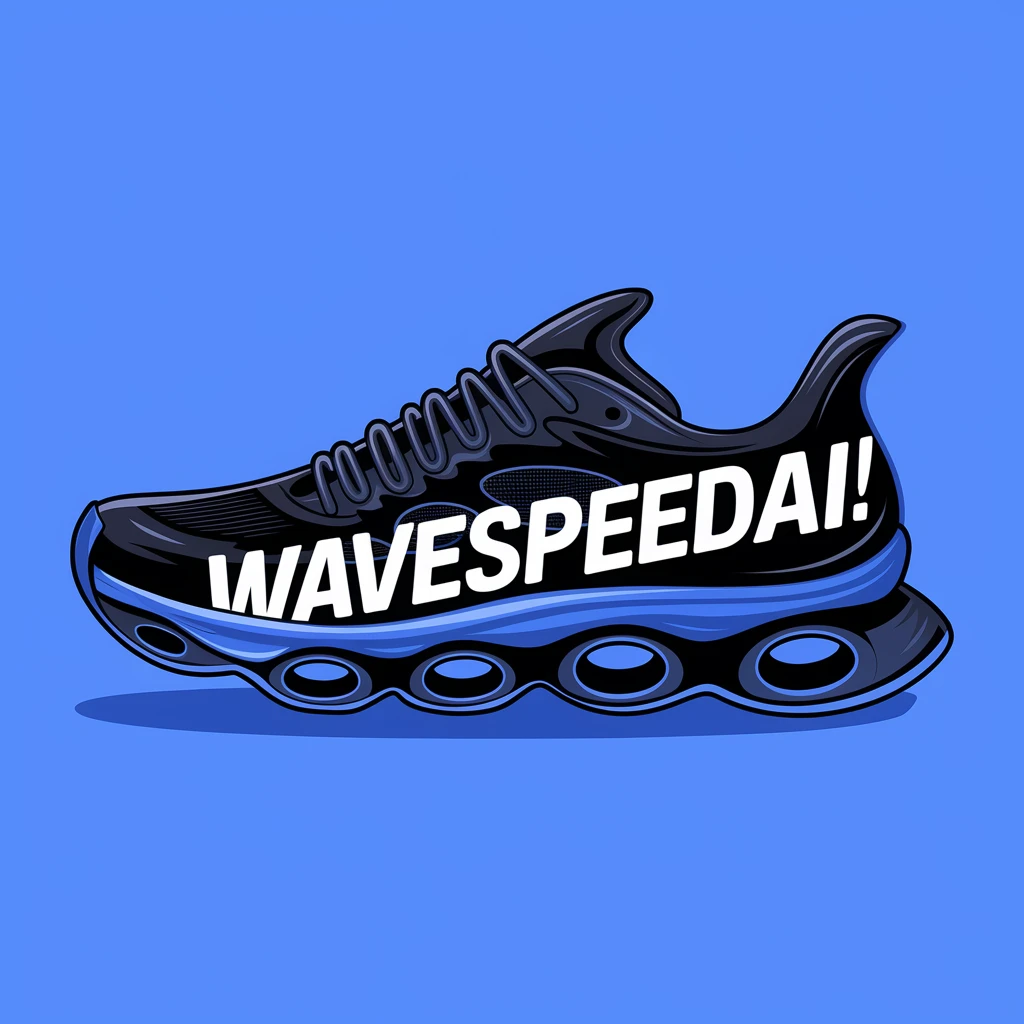 An illustration of a black running shoe with the text "WaveSpeedAI!" written on theshoe. The shoe is placed on a blue background. The text is white and bold. The overallimage has a modern and techy vibe.